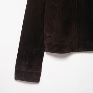 Deep brown suede short jacket for women featuring premium texture and side pocket details