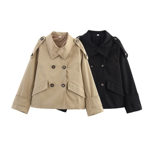 Short double-breasted trench coats in khaki and black with classic lapels and shoulder straps