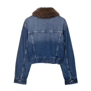 Women's cropped blue denim jacket featuring a plush dark brown faux fur collar back view