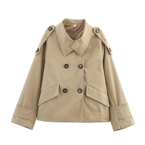 Classic khaki double-breasted short trench coat with wide lapels and epaulettes