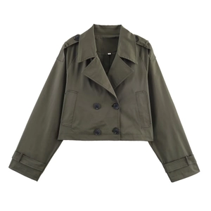 Short army green double-breasted trench coat jacket with epaulets and wide lapels