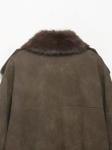 Detail view of brown suede jacket back with plush faux fur collar and horizontal stitching