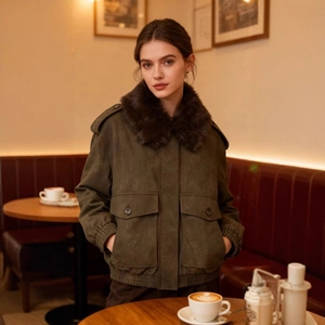 Vintage olive faux suede jacket with a detachable plush collar and utility pockets