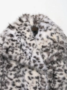 Detail of luxurious faux fur leopard print jacket with high-density plush and wide lapels