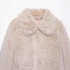 Faux fur jacket in light apricot with a large lapel and front zip closure detail