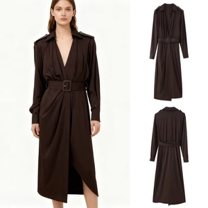 Women Elegant Long Sleeve Belted Midi Dress Lapel V Neck Solid Color Polyester Slim Fit Office Lady Commuter Shirt Dress