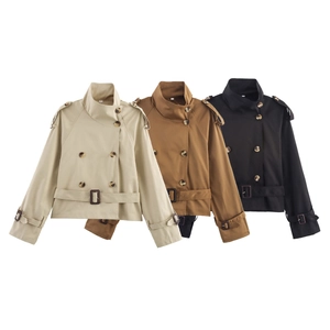 Women's short double-breasted trench coat with waist buckle in beige, brown, and black