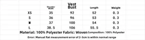 Detailed size guide for faux fur vest with measurements from XS to L in polyester