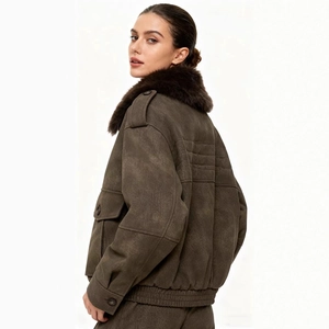 Women's dark brown faux suede bomber jacket with a detachable plush collar detail