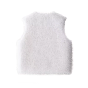 Minimalist white faux fur vest with dense plush texture and sleeveless round neck design
