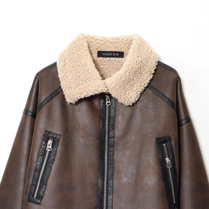 Vintage brown faux leather biker jacket with faux shearling collar and zip details