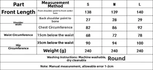 Detailed size chart for backless fringe dress with measurements for S, M, and L sizes
