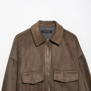 Brown suede-texture jacket with turn-down collar and utility pockets for women