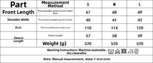 Detailed size chart for jacquard denim style kimono jacket with metric measurements