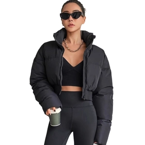 Women's trendy black short puffer jacket with high stand-up collar and front zipper closure