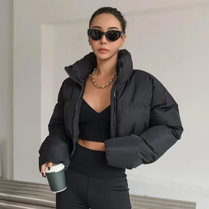 Women's black cropped puffer jacket with stand collar and zipper in street style