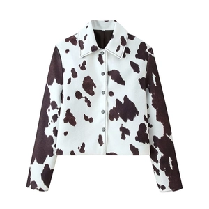Damen Casual Kuhmuster Jacke Revers Langarm Einreihig Kurz Mantel Streetwear Mode Herbst Außenbekleidung