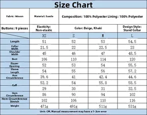 Detailed size chart for women suede jacket showing measurements for XS to L in centimeters