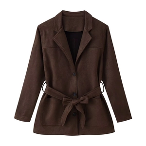 Dark brown faux suede jacket with notched lapel and waist belt on white background
