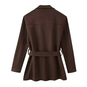 Women's dark brown faux suede jacket with waist belt and minimalist longline design