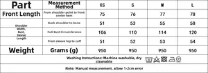 Detailed size chart for women soft coat featuring XS to L dimensions and washing instructions