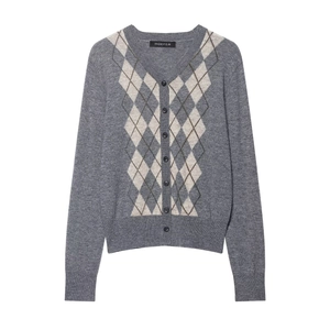 Women Casual Argyle V Neck Knit Cardigan Long Sleeve Polyester Button Down Sweater Top Classic Streetwear Outerwear Gray