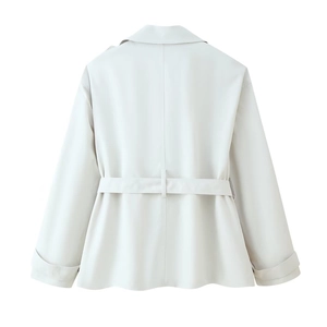 Back view of a short beige trench coat with lapel collar and matching waist belt