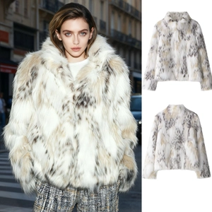Manteau en Fausse Fourrure pour Femmes Imprimé Léopard Col Montant Manches Longues Veste Chaude Épaisse Élégante Navette Vêtements d'Extérieur d'Hiver Haut de Mode