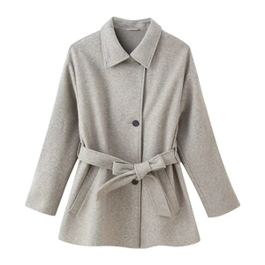 Fashionable light grey double-collar wool coat with waist belt and black buttons