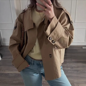 Women Elegant Double Breasted Short Trench Coat Lapel Shoulder Straps Solid Color Windbreaker Commuter Outerwear Jacket