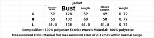 Size chart for wool-look jacket showing shoulder, chest, and length in centimeters