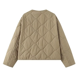 Detailed back view of khaki onion-quilted jacket showing diamond stitching texture