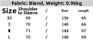 Detailed size chart for women faux fur collar wool jacket with precise measurements