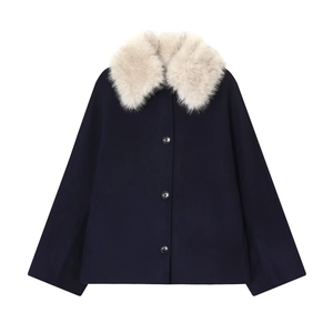 Short navy wool coat with plush beige faux fur collar and black button closure