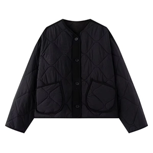 Women black crewneck quilted jacket with wavy stitching and front button closure
