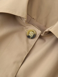 Detailed close-up of khaki trench coat collar and tortoiseshell resin button finish