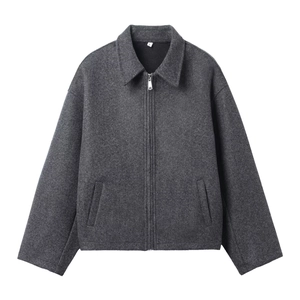 Women's loose casual dark grey wool blend jacket with zipper and pockets in size S