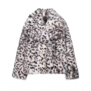 Faux fur animal print jacket with leopard pattern and oversized collar in white background