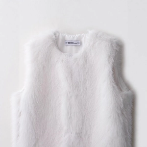 Minimalist white faux fur vest with round neck and plush texture in flat lay view