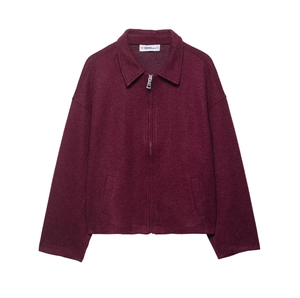 Women's loose burgundy wool jacket featuring a classic collar and silver metal zipper