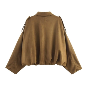 Back view of brown faux suede bomber jacket with dropped shoulders and elastic hemline