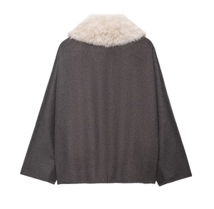 Back view of a dark grey woolen jacket with a plush light beige faux fur collar
