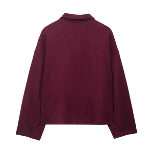 Back view of a burgundy loose-fit wool-blend jacket with drop shoulders and turn-down collar