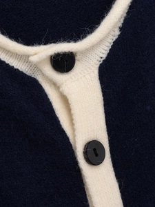 Macro detail of navy knit sweater with beige contrast trim and black round buttons