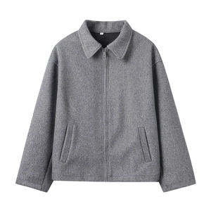 Light gray loose fit wool jacket with classic collar and front zipper closure on white background