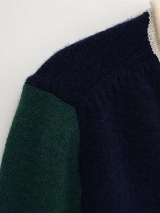 Detailed close-up of a high-quality color-block knit sweater with fine stitching