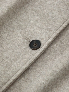 Macro detail of oatmeal wool blend coat with dark brown tortoiseshell button