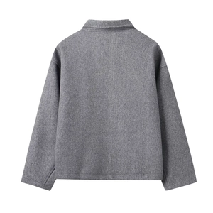 Rear view of grey loose wool blend jacket featuring drop shoulder and premium texture