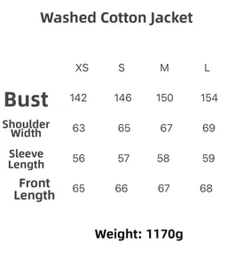 Detailed size chart for washed effect padded coat showing bust and shoulder measurements