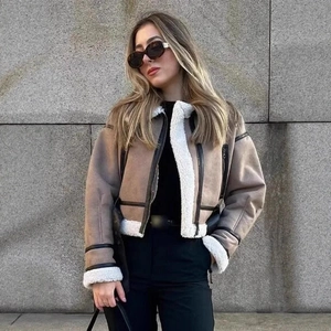 Giacca Moto Vintage da Donna in Finta Pelle Scamosciata Shearling Corta Biker con Cintura Rever Zip Tasca Cachi Marrone Capispalla